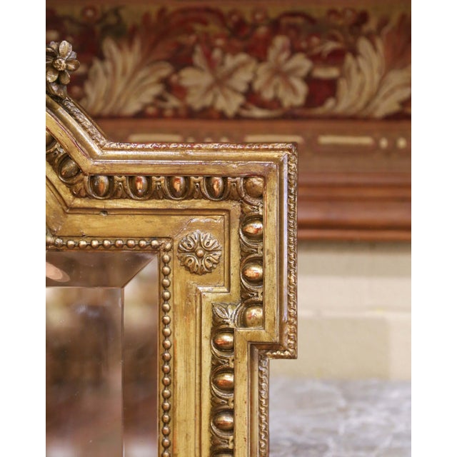 19th Century French Louis XVI Giltwood Mantel Mirror With Musical Trophy Crest For Sale - Image 4 of 11