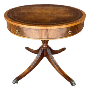 Antique Weiman Heritage Mahogany Round Occasional or Game Table With Leather Inset Top and Pineapple Carved Base