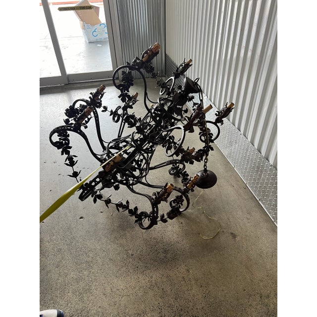 Metal Late 20th Century Large Wrought Iron Chandelier With Leaves For Sale - Image 7 of 10