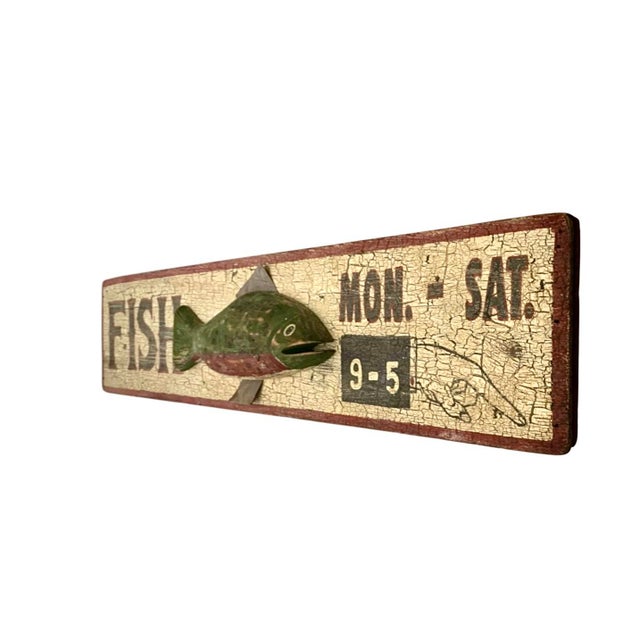 Nautical Late 20th Century Fishing Sign Large Wood With Trout 3d Design Cracked Paint Finish Vintage Cabin Decor For Sale - Image 3 of 8