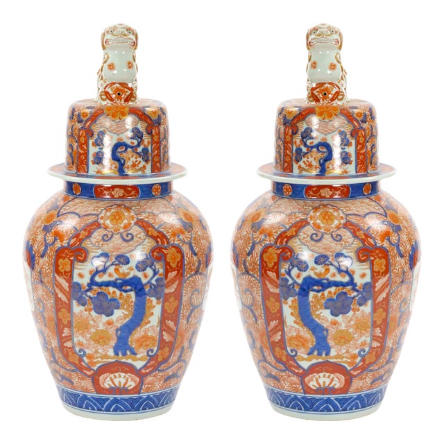 Large Antique Meiji Period Porcelain Imari Lidded Jars Urns For Sale