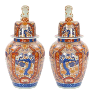 Large Antique Meiji Period Porcelain Imari Lidded Jars Urns