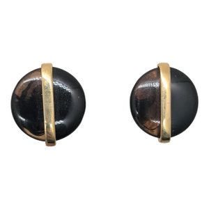 Vintage 1970s Signed Crown Trifari Round Faux-Topaz & Faux-Onyx Clip Earrings-2 Pieces