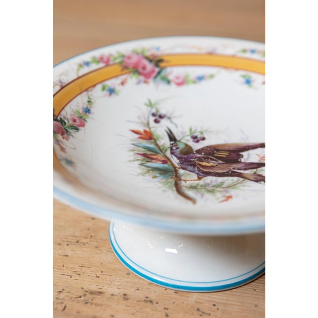Early 20th French, Hand-Painted Porcelain Compote with Birds and Floral Motif For Sale - Image 4 of 6