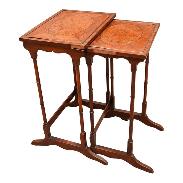 English Regency Revival Burl Wood & Inlaid Nesting Tables, Early 20th Century For Sale