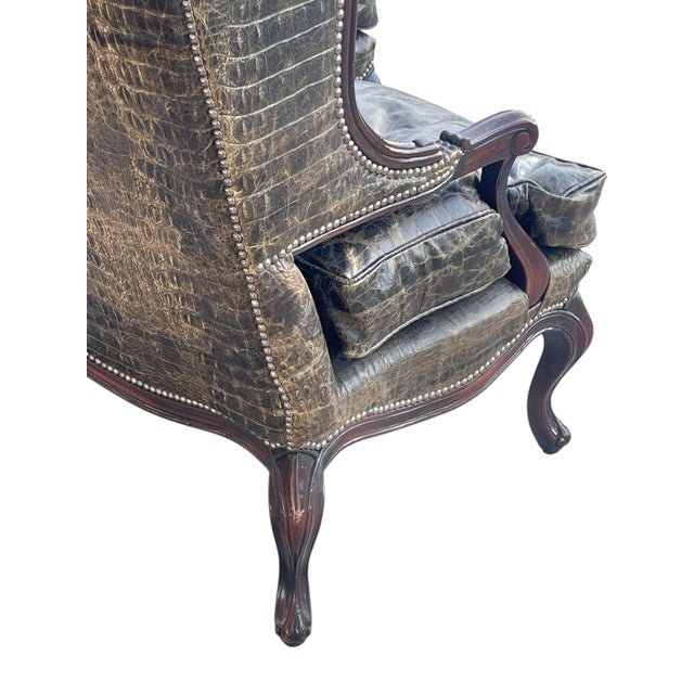 Crocodile Embossed Leather Chairs by Old Hickory Tannery, a Pair, Wingback Chairs, Nailhead Trim, Style of Massoud Lettsworth Wing Chair For Sale - Image 12 of 12