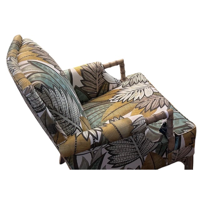 Hollywood Regency Hollywood Regency Faux Bamboo Balata Fabric Casamance Palm Leaf Arm Chair For Sale - Image 3 of 3