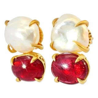 Late 20th Century 14K Yellow Gold Cabochon Ruby Baroque Pearl Drop Earrings Designer Estate, Pair For Sale