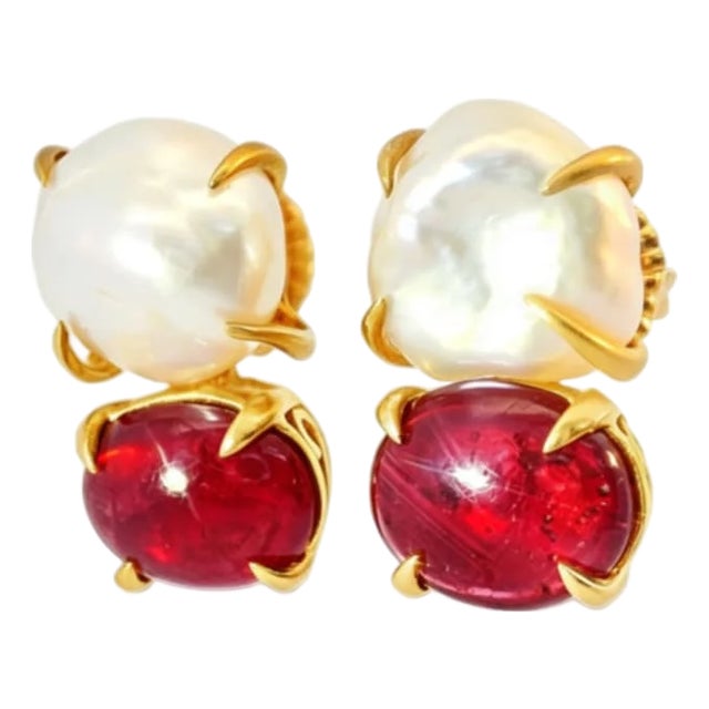 Late 20th Century 14K Yellow Gold Cabochon Ruby Baroque Pearl Drop Earrings Designer Estate, Pair For Sale