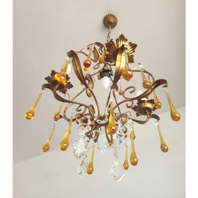 Floral Five-Light Gilded Ceiling Lamp with Crystals and Murano Glass Crystal Drops, 1960s For Sale - Image 13 of 18