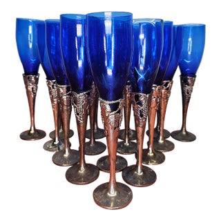 1980s Cobalt Blue & Silverplate Champagne Flutes- Set of 16 For Sale