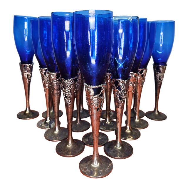 1980s Cobalt Blue & Silverplate Champagne Flutes- Set of 16 For Sale