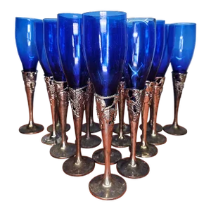 1980s Cobalt Blue & Silverplate Champagne Flutes- Set of 16