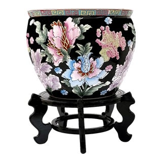 Vintage Chinese Porcelain Ceramic Jardinier Planter Bowl With Flowers and Black Wood Stand For Sale
