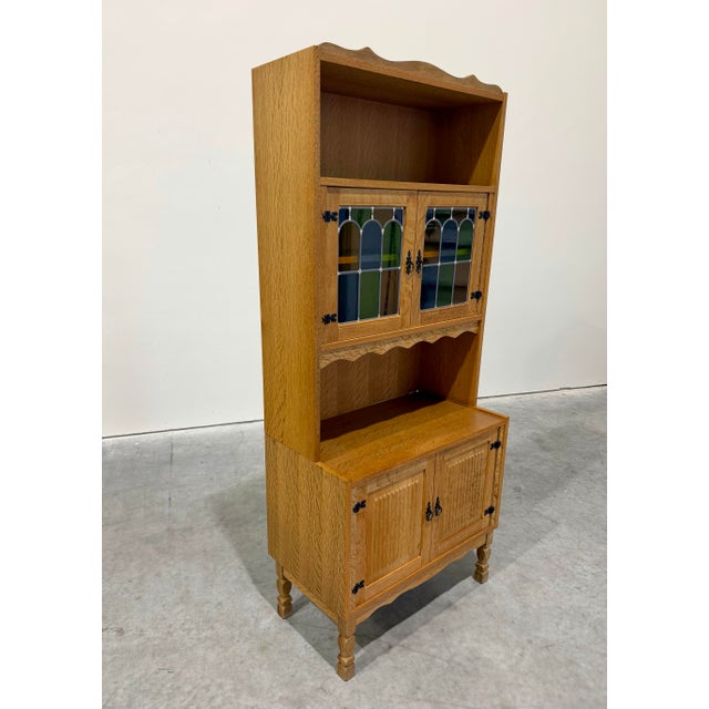 Henning Kjaernulf Mid Century Danish Oak Henning Kjaernulf Style Stained Glass Bookcase Cabinet For Sale - Image 4 of 5