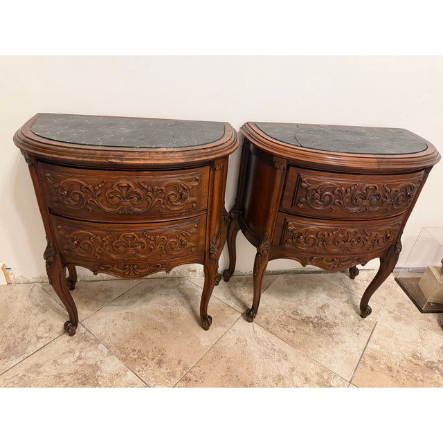 French Country 20th Century Two-Drawer Bedside Commode Nightstand With Marble Top, Pair For Sale - Image 3 of 15