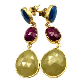 Bochic "Capri" Ruby & Multi Rough Cut Sapphire Earrings Set In 18K Gold & Silver For Sale