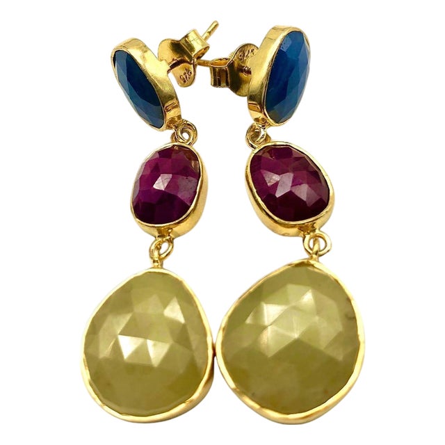 Bochic "Capri" Ruby & Multi Rough Cut Sapphire Earrings Set In 18K Gold & Silver For Sale