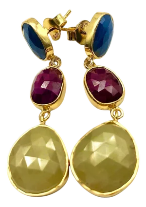 Bochic "Capri" Ruby & Multi Rough Cut Sapphire Earrings Set In 18K Gold & Silver