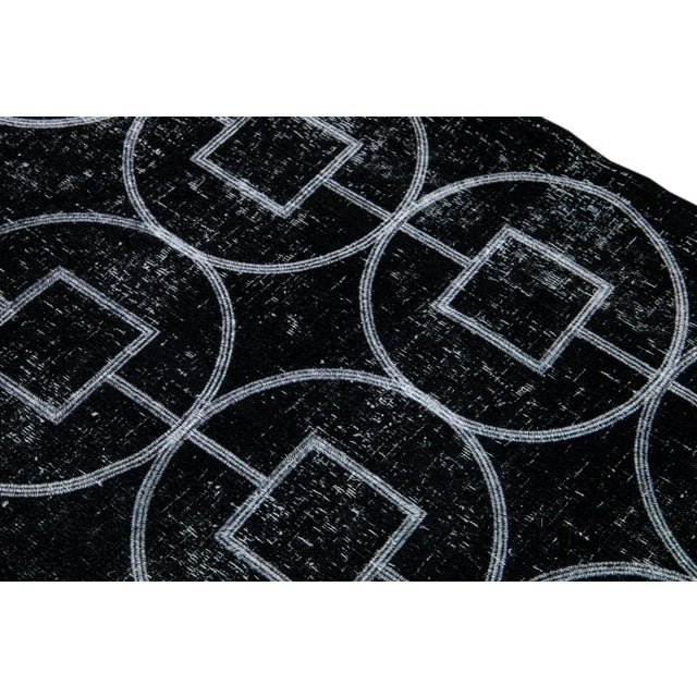 Textile Black Modern Turkish Handmade Geometric Pattern Wool Rug For Sale - Image 7 of 11
