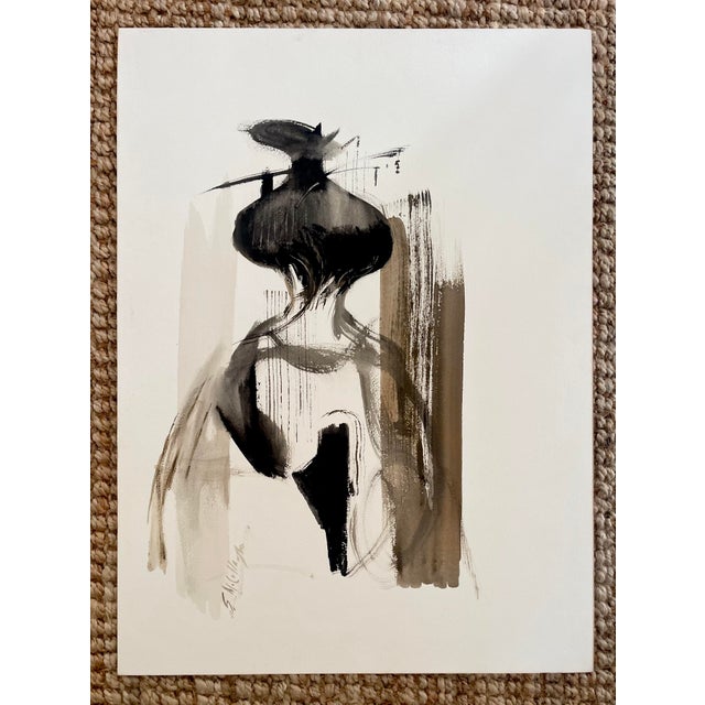 Original abstract figure watercolor. Bold strokes of black, brown, gray and taupe.