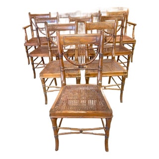 Set of 8 English Walnut Bamboo Form and Cane Dining Chairs For Sale