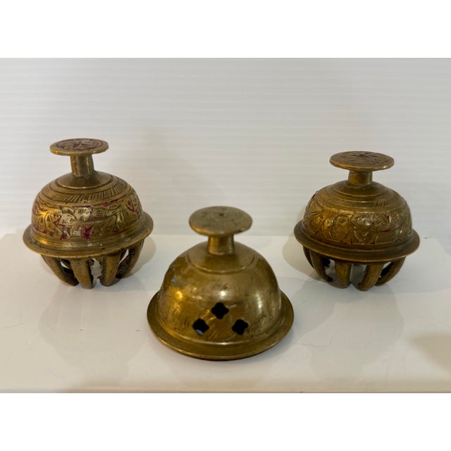Vintage Indian Engraved Brass Decorative Bells — Set of 3 For Sale - Image 11 of 12