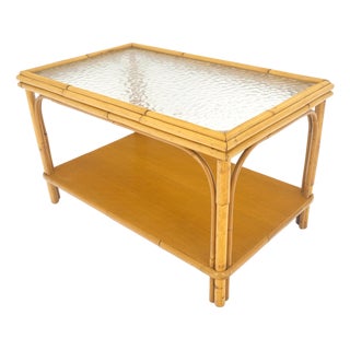 Vintage c1970s Bamboo Rattan Two Tier Rippled Glass Top Rectangle End Side Table For Sale