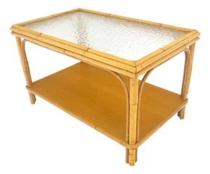 Vintage c1970s Bamboo Rattan Two Tier Rippled Glass Top Rectangle End Side Table