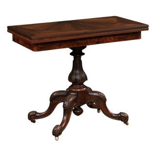 Victorian English Walnut and Mahogany Fold-Over Game Table with Bookmatched Top For Sale