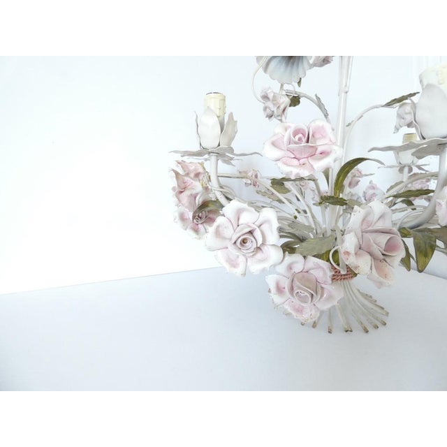Vintage French Tole Chandelier with Porcelain Roses For Sale - Image 9 of 10