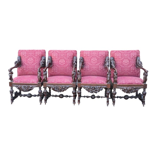 Rare Set of 4 Antique Baroque Walnut Italian Armchairs Carved Figures Andrea Brustolon Style For Sale