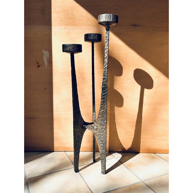Large Brutalist Metal Art Candleholder in Hammered and Wrought Iron with Bronze-Plated Finish, Germany, 1960s For Sale - Image 4 of 16