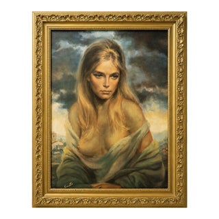 Vintage Girl of Valdarno by Vinciata on Canvas Gold Frame Mid Century Art Print For Sale