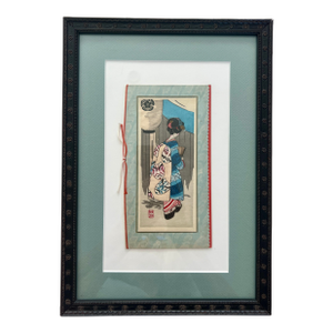 Vintage Japanese Ukiyo-E Woodblock Framed Greeting Card of a Maiko in the Snow, Mid Century (Geisha)