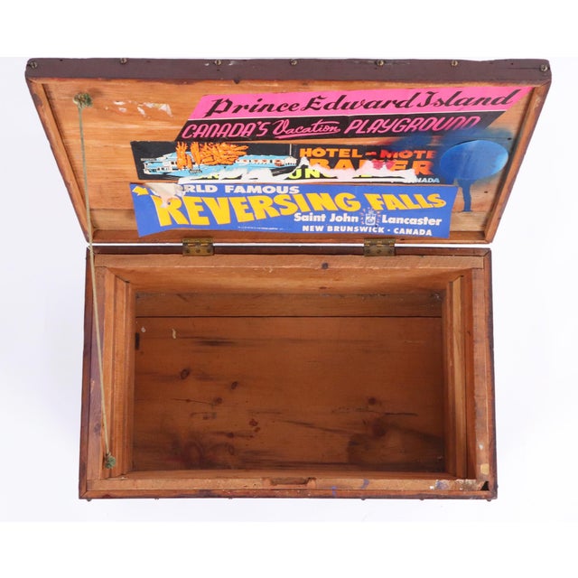 Traditional Vintage Pine Trunk With Canadian Travel Memorabilia For Sale - Image 3 of 9
