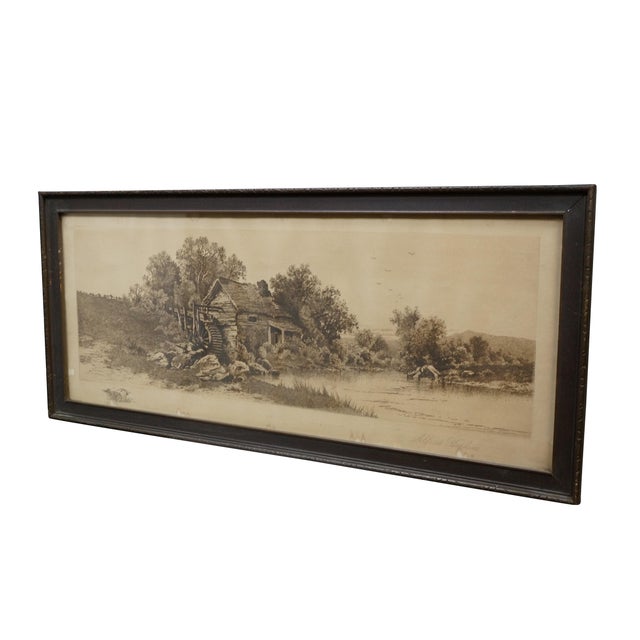 Realism Antique Alfred Hopkins Old Millhouse Water Mill Panoramic Riverscape Etching 25" For Sale - Image 3 of 13