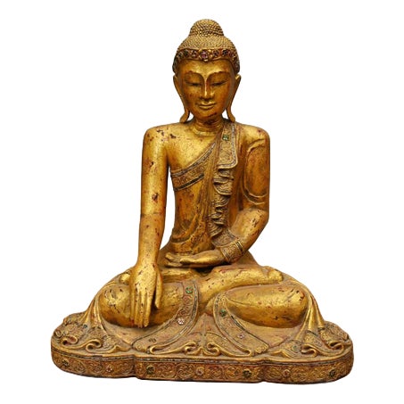 Thai Carved Gilt Wood Buddha Figure with Lotus Pose For Sale