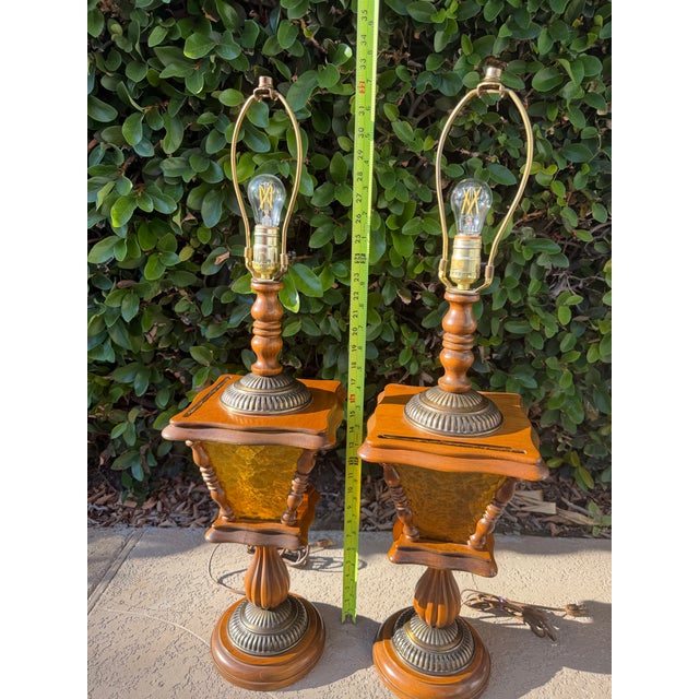 Vintage Matching Wood Table Lamps With Amber Glass Night Lights - a Pair For Sale - Image 11 of 12