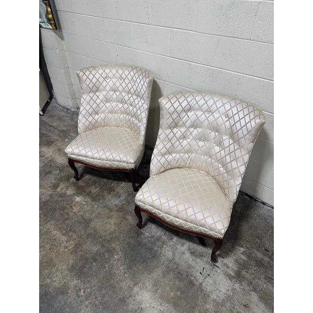 While these are in great condition, the fabric is a bit dated but in very good condition. Sort of a diamond pattern silk....