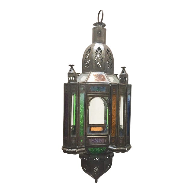 Moroccan Handcrafted Moorish Pendant Lantern With Multi-Color Glass For Sale