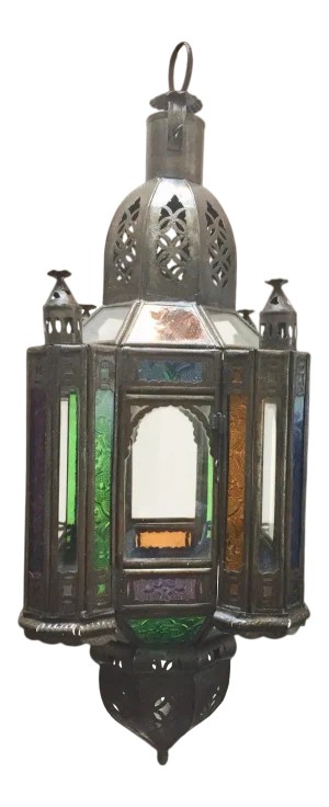 Moroccan Handcrafted Moorish Pendant Lantern With Multi-Color Glass
