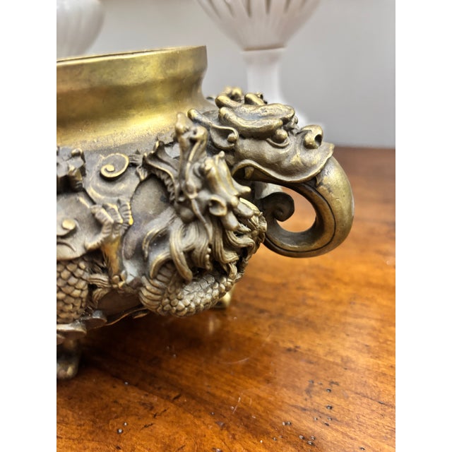 Metal Ornate Mid 20th Century Cast Brass Chinese Incense Burner Censer With Dragons and Fu Dogs and Green Stone Finial For Sale - Image 7 of 12