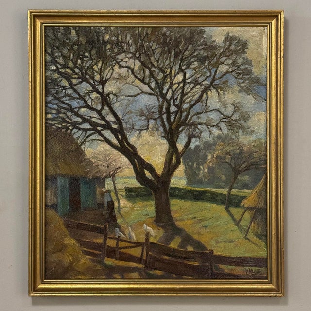 Framed Oil Painting on Canvas by Victor Mullie 'Farmyard Beneath the Trees' For Sale In Dallas - Image 6 of 16