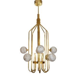 Bespoke Italian Alabaster White Murano Glass Brass Curved Globe Chandelier For Sale