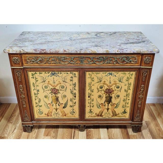 Yellow Vintage French Style Hand Painted Marble Top Buffet Server Bar For Sale - Image 8 of 16