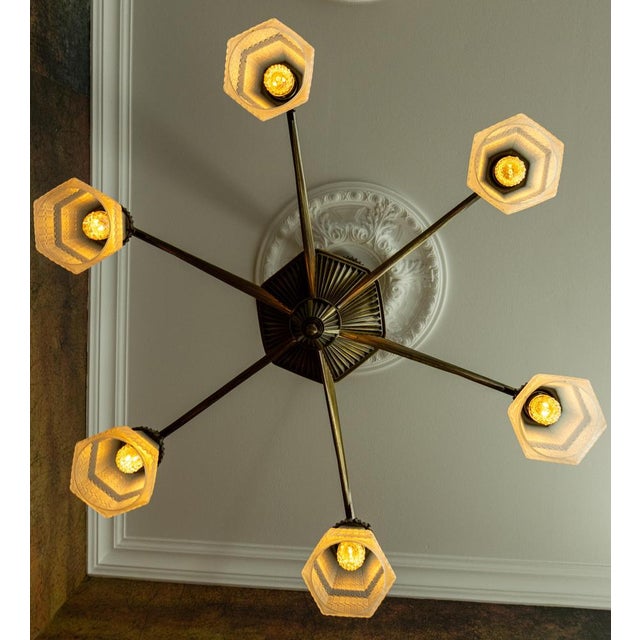 1920s Art Deco French Bronze and Frosted White Glass Six-Light Chandelier, 1920 For Sale - Image 5 of 18