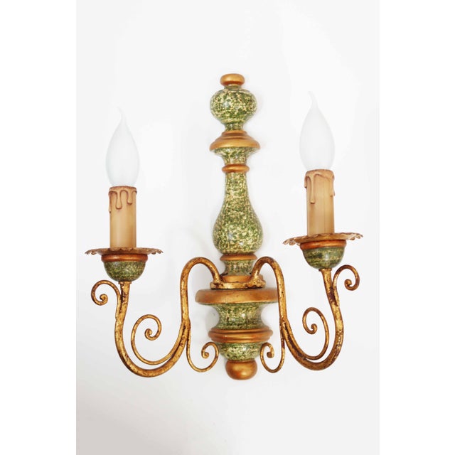 Wood Florentine Hollywood Regency 2-Light Wall Lamp, Italy, 1970s For Sale - Image 7 of 7