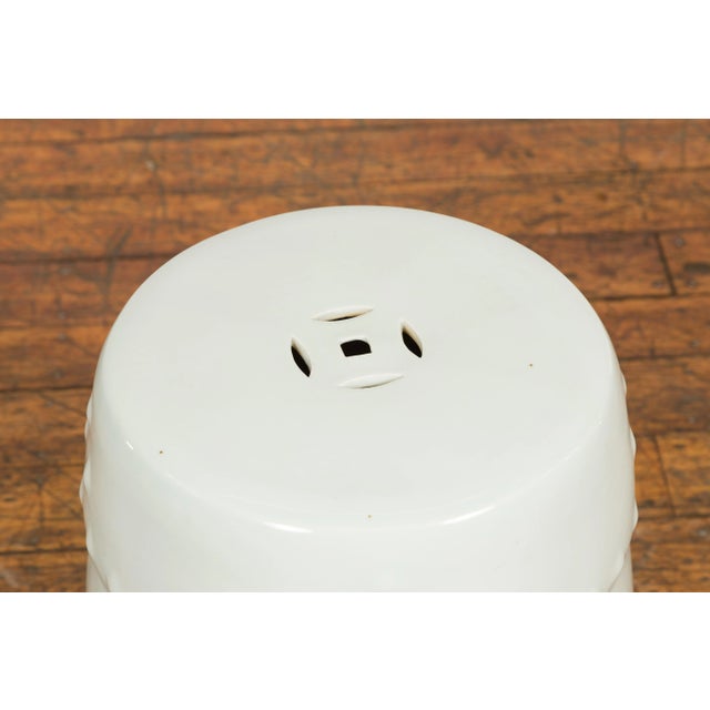 Ceramic Chinese Vintage Blanc De Chine Garden Stool with Pierced and Raised Motifs For Sale - Image 7 of 13