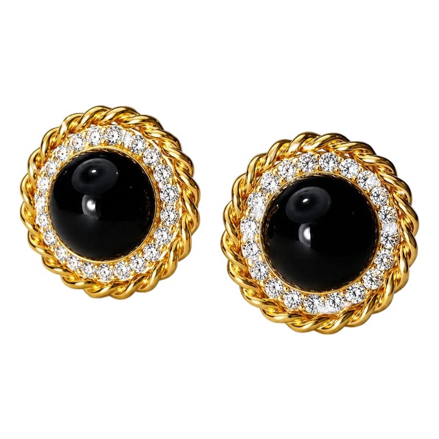 14K Yellow Gold Cabochon Onyx Halo Diamond Handmade Earrings For Sale